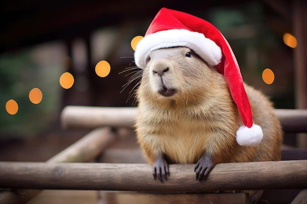 Cute Capybara Wearing a Festive Santa Hat
